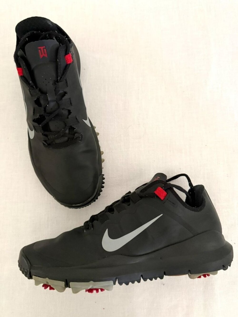 Nike Tiger Woods TW 13 Golf Shoes Mens Sz 9 Black Red Spiked NO INSOLES